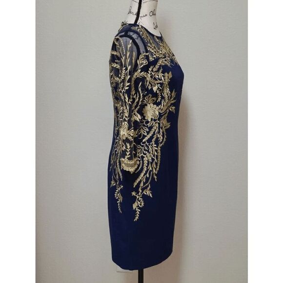 💙 NWT Blue Gold Floral Embroidered ¾ Mesh Sleeves Formal Sheath Dress SIZE 6 - Picture 9 of 15